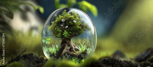 Nature's Safe Haven A small tree in a glass sphere with moss, symbolizing a sanctuary for environmental protection