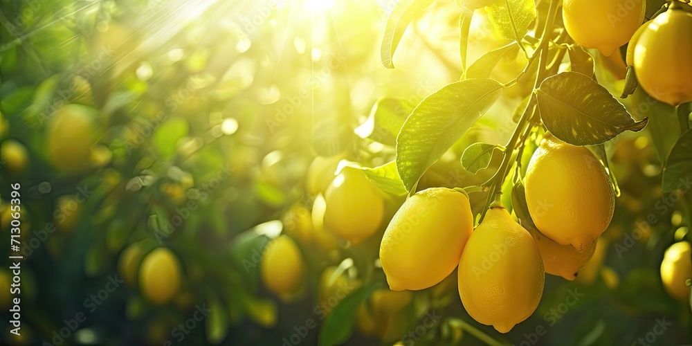 Ripe lemons hanging from lush tree in sunny summer day showcasing fresh and organic agriculture vibrant yellow citrus fruits in natural growth healthy and juicy food options from green farm - obrazy, fototapety, plakaty 