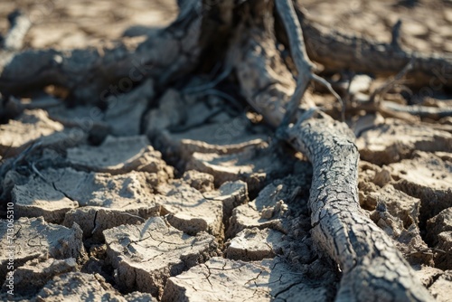 A detailed view of a tree trunk in the dirt. This image can be used to depict nature, textures, or environmental themes