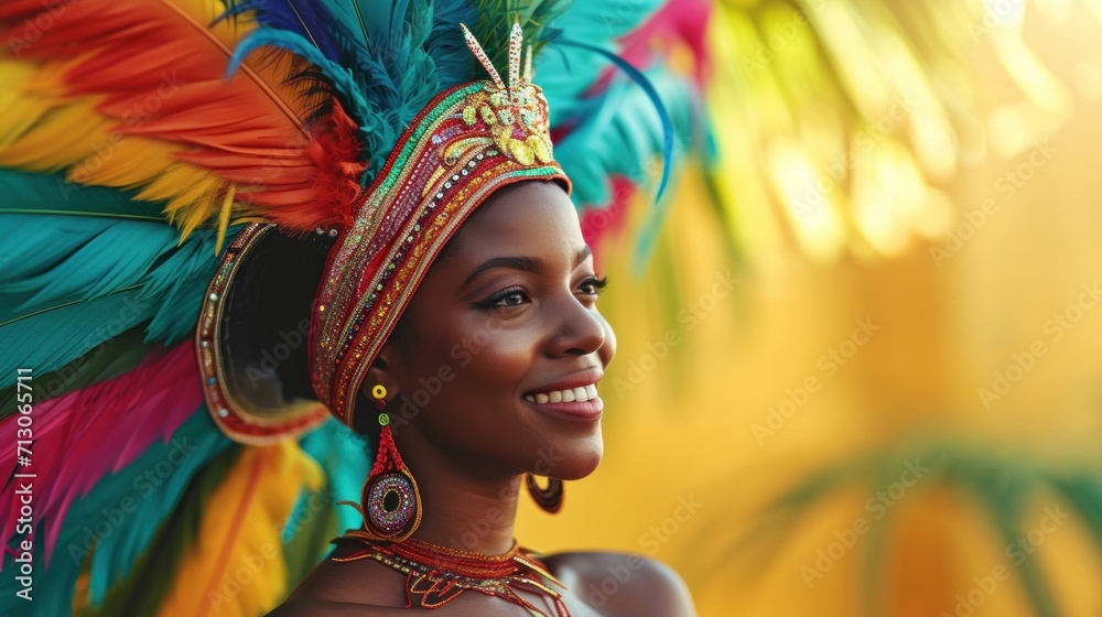 Beautiful African American woman in colorful headdress with feathers