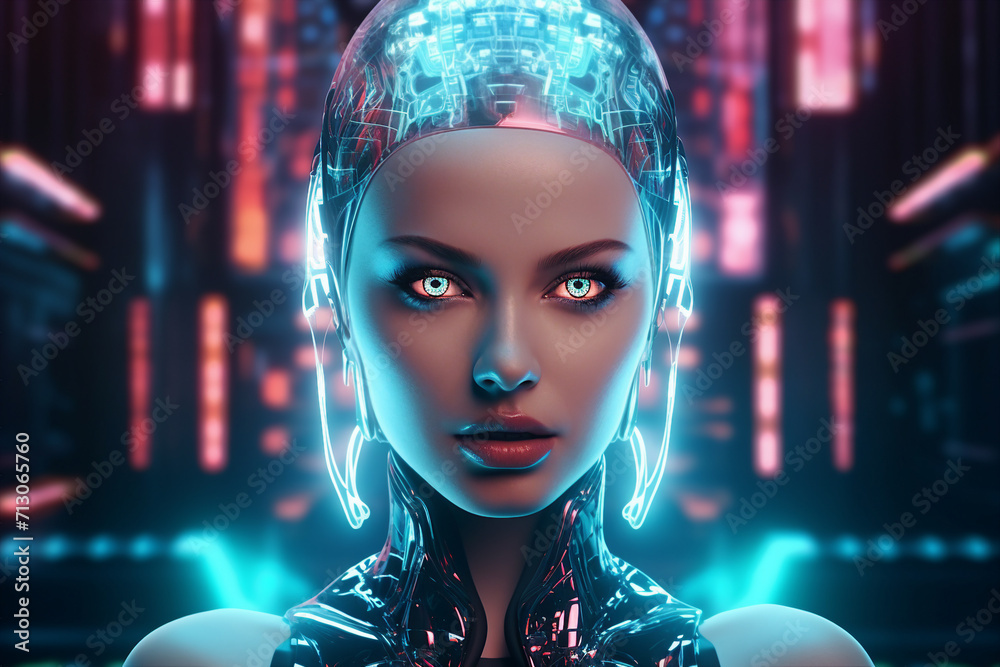 Girl character cyborg face woman future smart technology made with generative AI - obrazy, fototapety, plakaty 