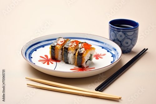 fresh eel unagi nigiri with sauce on a porcelain plate