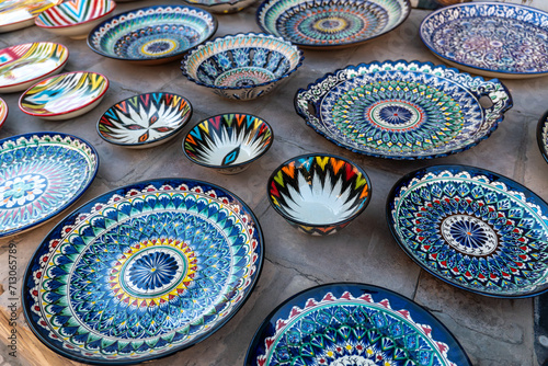 The blue plate is a traditional craft of Uzbekistan. ancient city of Bukhara market of ceramic tableware