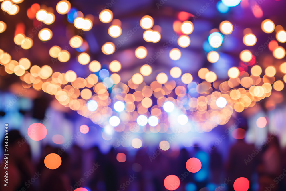 Defocused party background, bokeh lights backdrop overlay, blurred photo of an event
