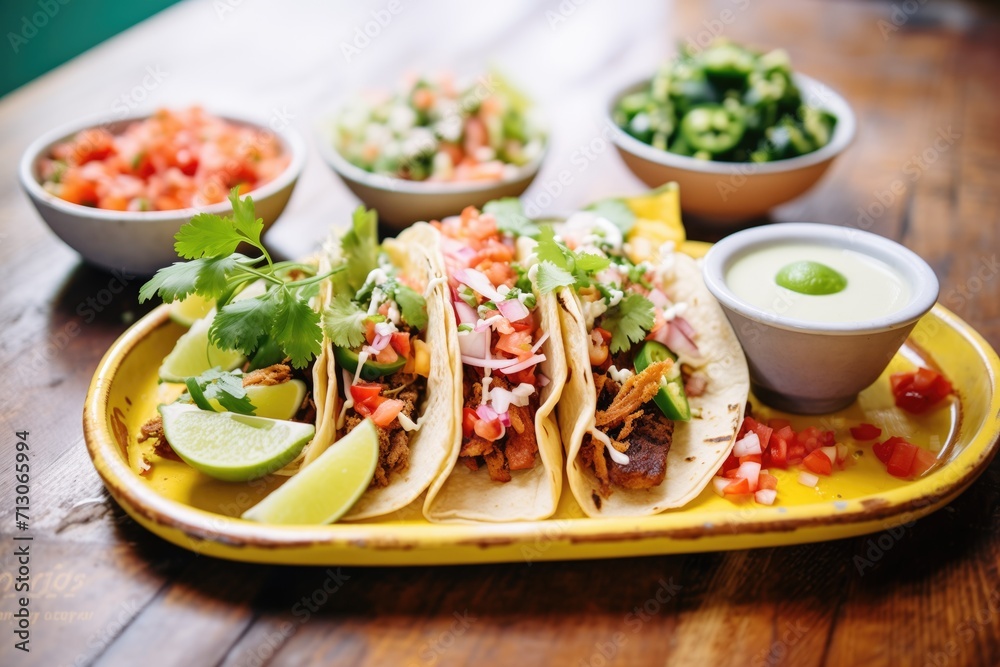 taco platter with mixed fillings and toppings on table taco platter with mixed fillings and toppings on table