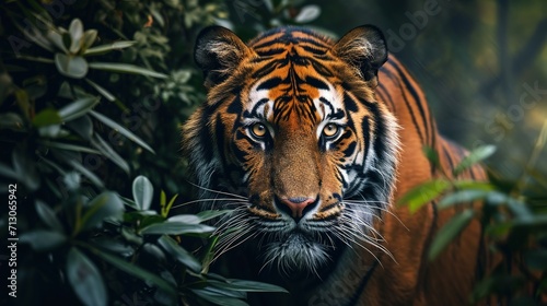 wall poster of tiger in jungle with close-up intensity style, saturated color scheme