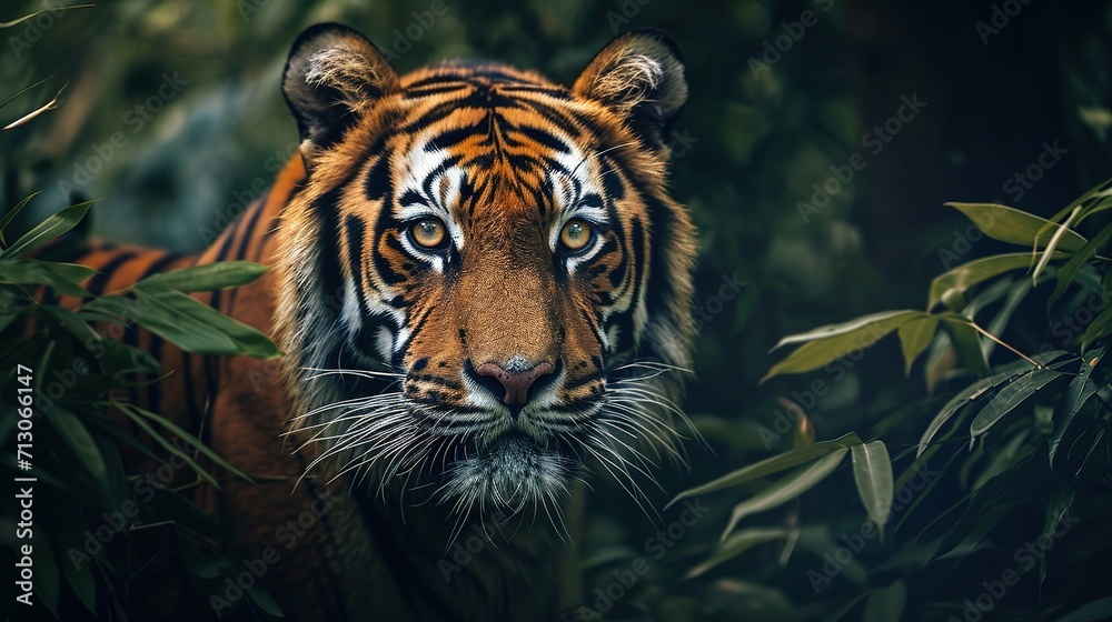 wall poster of tiger in jungle with close-up intensity style, saturated color scheme wall poster of tiger in jungle with close-up intensity style, saturated color scheme