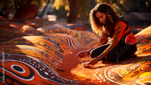 Woman is absorbed in creating an intricate Aboriginal dot painting on ground surrounded by, glowing sunset. Her traditional clothing, artwork reflect deep connection to cultural heritage, stories.
