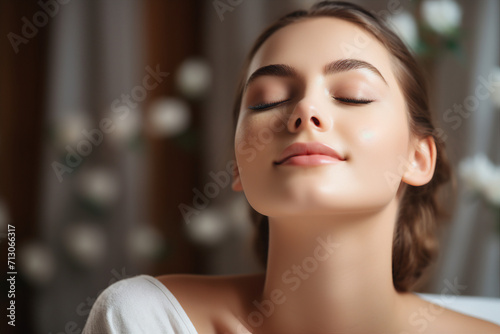 Lovely dreamy peaceful woman enjoying spa meditation generative AI