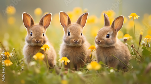 three easter bunnies on a meadow