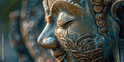 A close-up view of a statue depicting a person's face. This image can be used to represent art, sculpture, history, or facial expressions © Fotograf