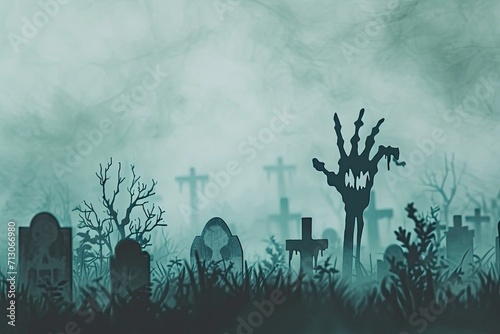 A zombie hand reaching out from a grave in a misty cemetery . Zombie hand coming out of his grave