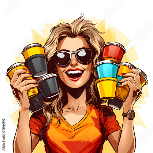 Individual with a lot of takeaway coffee cups, suggesting excessive caffeine consumption isolated on white background, pop-art, png
 photo