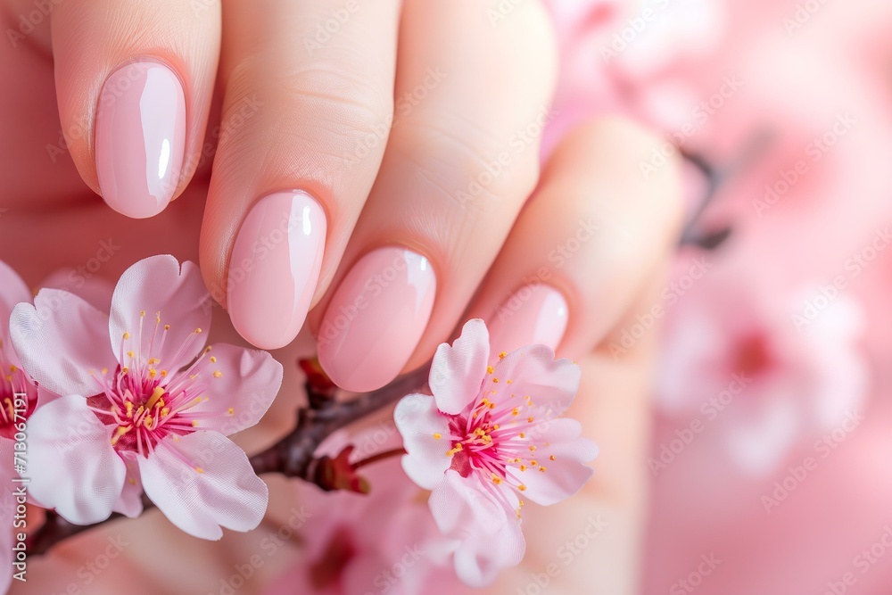 hand with perfect manicure in pastel pink color for spring, cherry blosson, nail salon ad