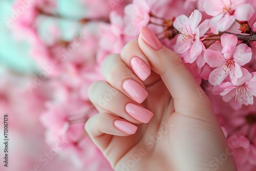 hand with perfect manicure in pastel pink color for spring, cherry blosson, nail salon ad