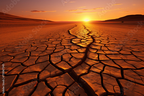 Cracked soil in a drought-affected landscape at sunset. Climate change. Severe drought.