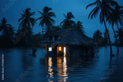 House submerged at dusk by rising waters due to climate change. Heavy rains and storm surges cause flooding © Jsanz_photo