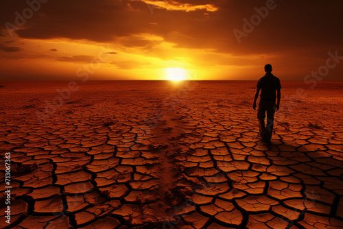 Unrecognisable lone person standing on cracked earth, symbolising drought conditions, against the backdrop of a dramatic sunset, representing the global issue of climate change.