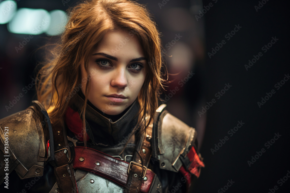 Young and beautiful female warrior in medieval fantasy armor created with generative AI Young and beautiful female warrior in medieval fantasy armor created with generative AI