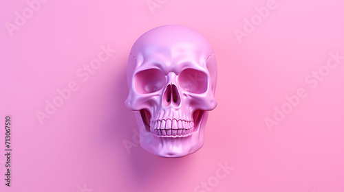 Human scull 3d rendering. Pink deaths head on pastel pink background
