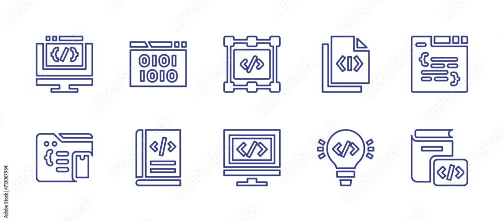 Programming line icon set. Editable stroke. Vector illustration. Containing code, binary code, coding, idea, book, metadata, app development, coding book.