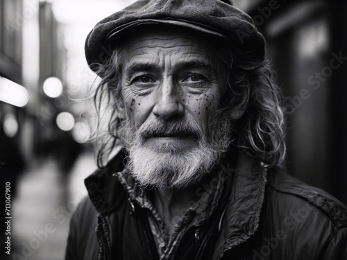 Portrait of an Old Bearded Homeless Man, High Contrast, Black and White, AI Generative