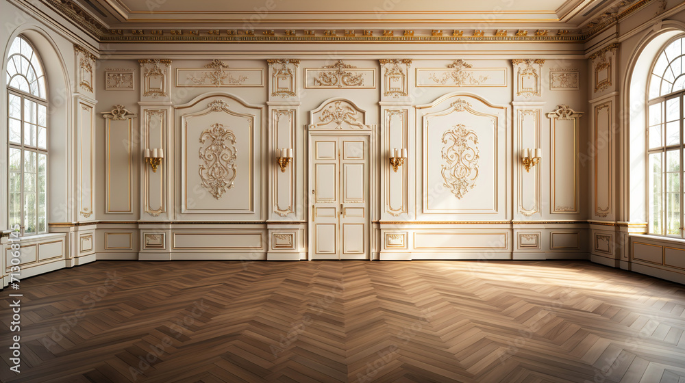A room with gold trim with a large door and wall regal elegance luxurious flooring