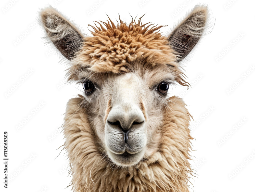 Llama Face Shot Isolated on Transparent or White Background, PNG