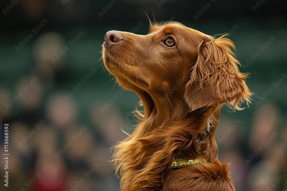 Irish setter dog portrait in front of a group of people.