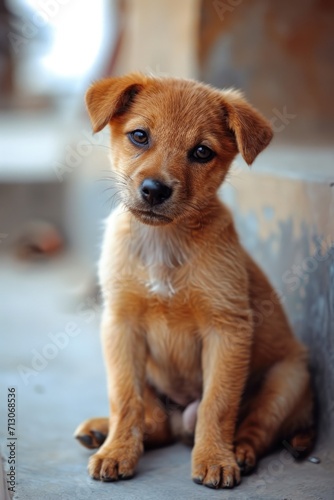 A small brown dog sitting on top of a cement floor. This image can be used to depict a pet dog in a residential or industrial setting