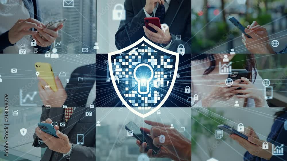 Collage videos of people using smartphones in various situations and network security concept.