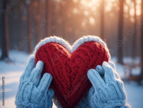 Hands in gloves holding heart shape knitted object on a blurred winter landscape background with trees. Generative AI