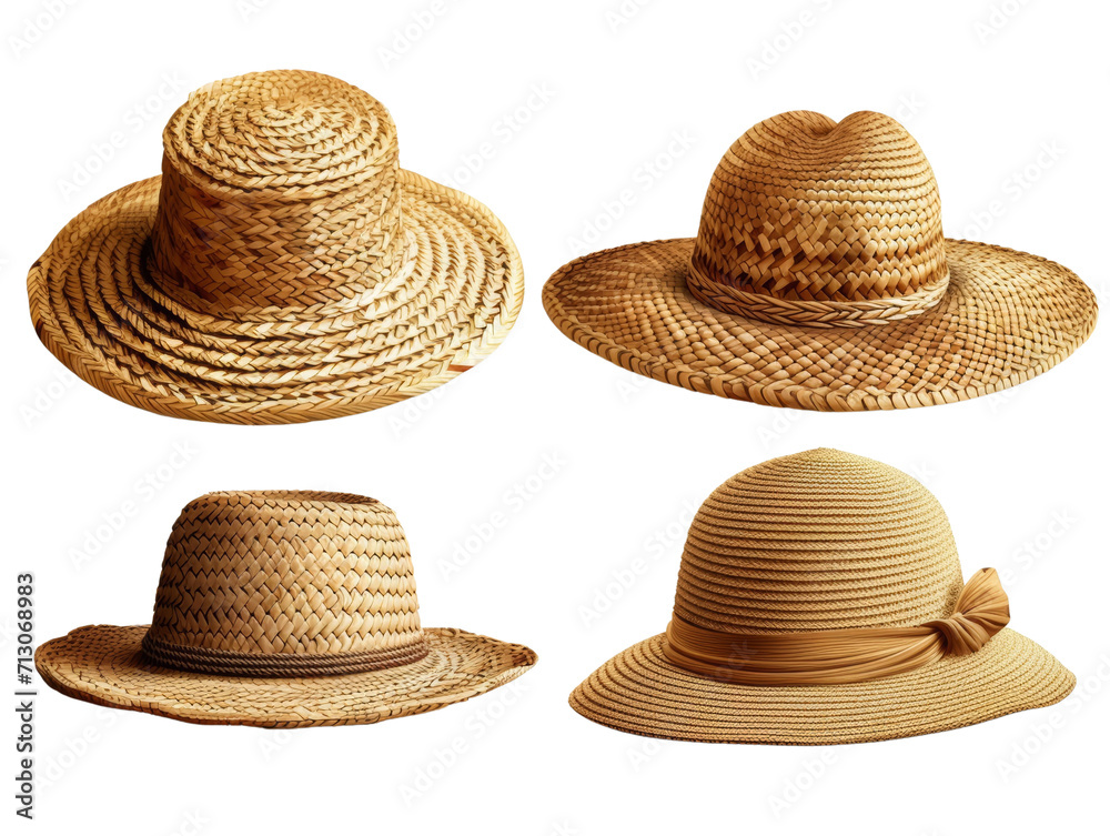 Straw Hat Set Isolated on Transparent or White Background, PNG