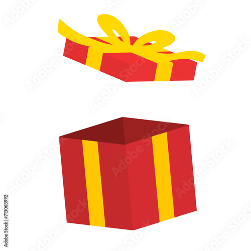red gift box with yellow ribbon bow illustration isolated on white and transparent background. present suprise sale vector. open lid 3d red gift box
