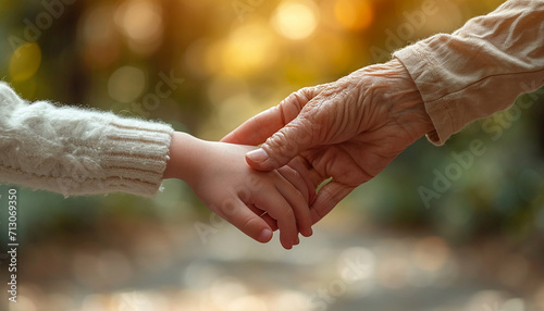The gentle touch of a young child's hand is clasped with an elder's, symbolizing care and connection amidst a softly lit natural backdrop.