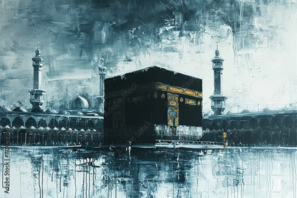 painting. Drawing of the Kaaba prayer in Mecca, back view. A holy place with prayer.