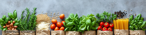 A panoramic assortment of fresh vegetables and pasta arranged in paper bags against a rustic gray background.