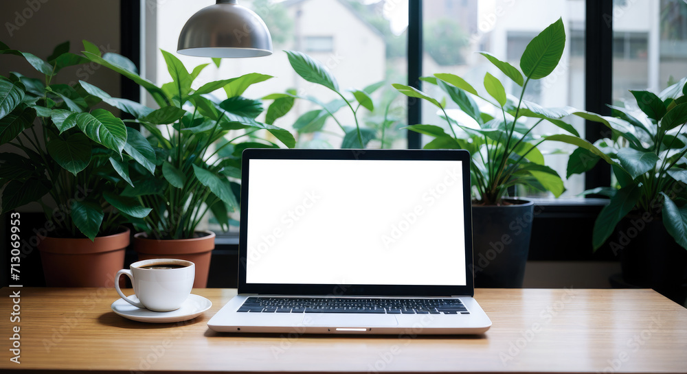 Laptop with blank white screen on wooden table. Potted plant and Home interior or office background. laptop computer white screen mockup Laptop with blank white screen on wooden table. Potted plant and Home interior or office background. laptop computer white screen mockup