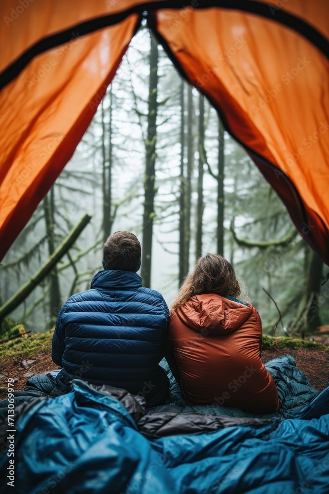 Outdoor photo of pov from behind of an astronaut and girlfriend laying in a tent looking outside at a forest Outdoor photo of pov from behind of an astronaut and girlfriend laying in a tent looking outside at a forest