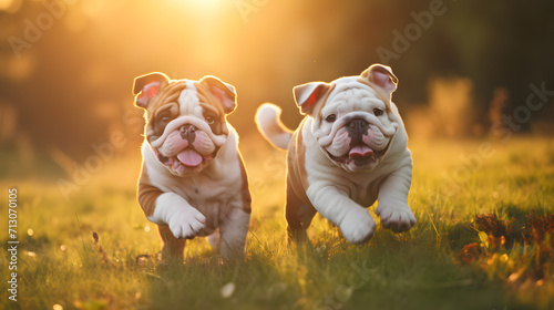 Bulldog puppies playing outdoors on the grass.