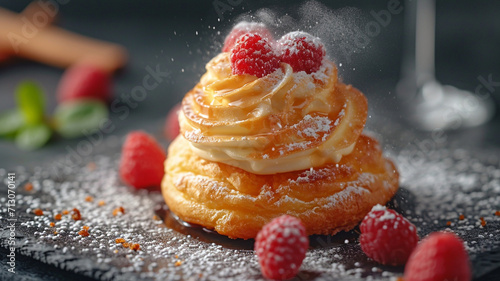 Cream Filled Pastry with Raspberries and Powdered Sugar
 photo