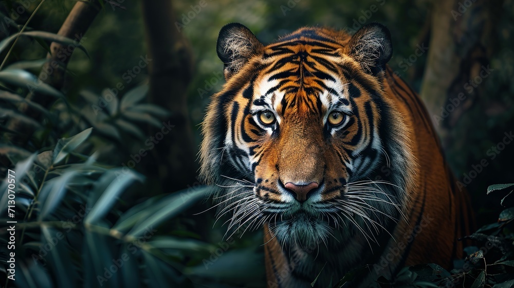 wall poster of tiger in jungle with close-up intensity style, saturated color scheme wall poster of tiger in jungle with close-up intensity style, saturated color scheme