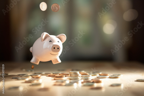 Saving money in a piggy bank with coins. Ai generate.