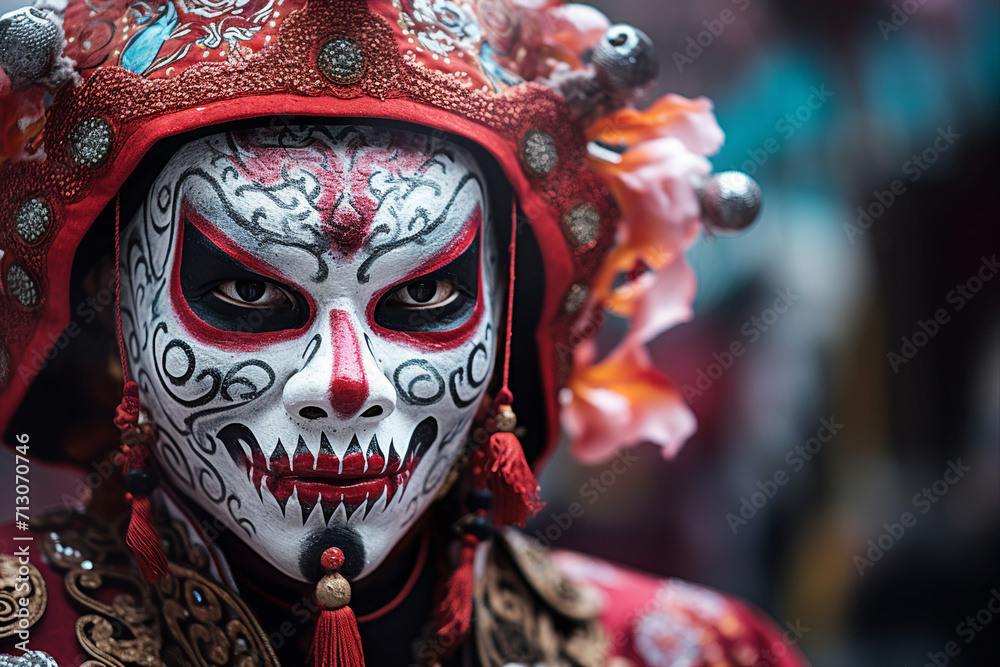 Generative AI picture of person adorned with facial tattoos in traditional mask celebrate indian festive event Generative AI picture of person adorned with facial tattoos in traditional mask celebrate indian festive event