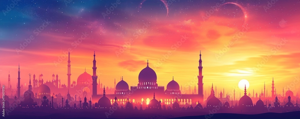 Ramadan Kareem background with mosque at sunset. illustration.