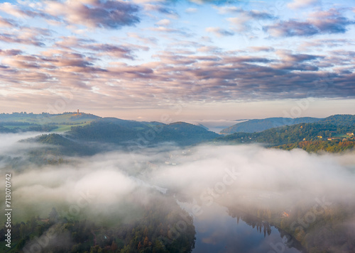 View of Vltava river. Meander from Solenice , aerial drone pic, Czech Republic © scimmery1