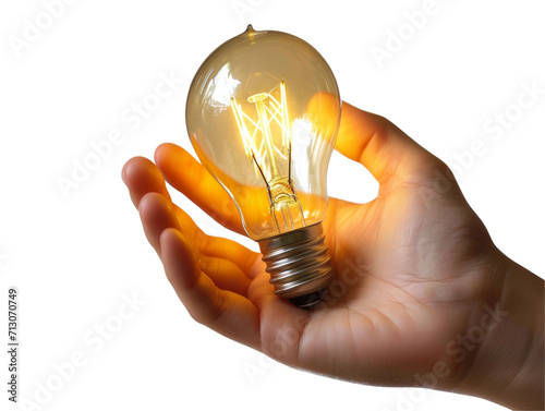 Yellow Lightbulb in Hand Isolated on Transparent or White Background, PNG