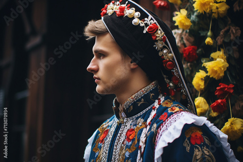 Generative AI picture photo of attractive nice ukrainian man in traditional embroidered national clothes photo