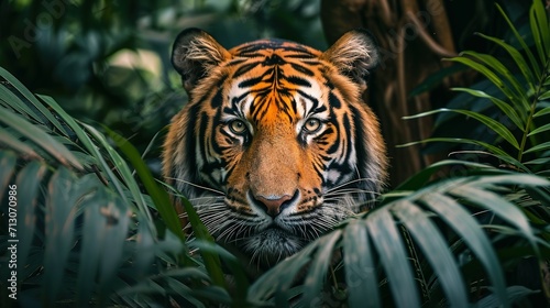 wall poster of tiger in jungle with close-up intensity style, saturated color scheme