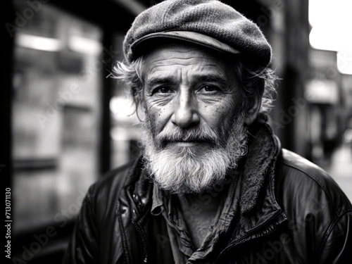 Portrait of a Homeless Old Man with Beard, Black and White, AI Generative